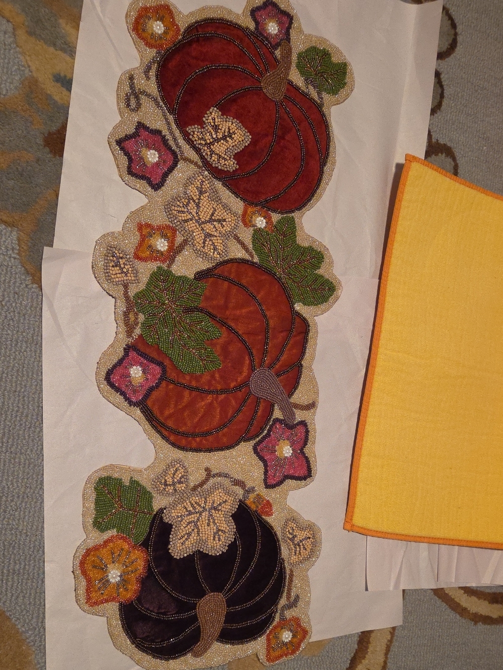 Pier 1 Beaded Pumpkin Table Runner - Orange, Brown, Green, Pink